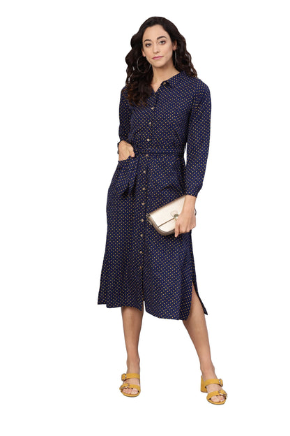 Women's Navy Blue Poly Crepe Solid 3/4 Sleeve Collar Neck Dress