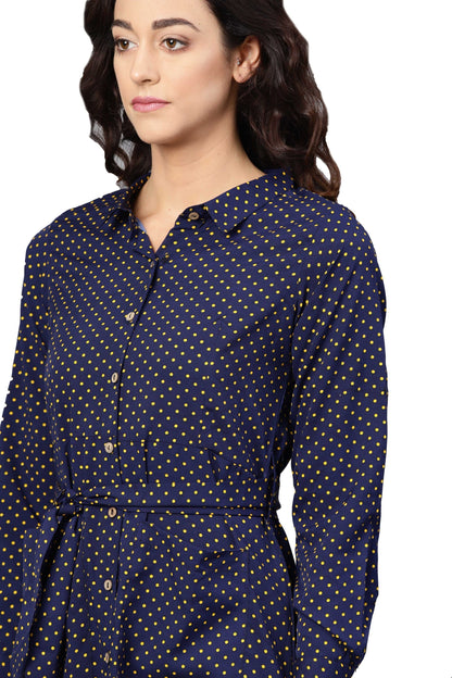 Women's Navy Blue Poly Crepe Solid 3/4 Sleeve Collar Neck Dress