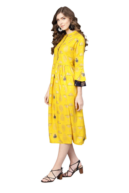 Women's Yellow Rayon Printed 3/4 Sleeve Round Neck Dress