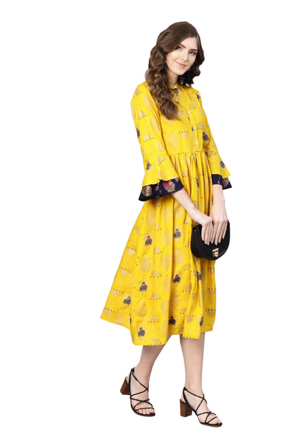 Women's Yellow Rayon Printed 3/4 Sleeve Round Neck Dress