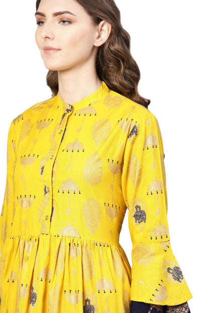 Women's Yellow Rayon Printed 3/4 Sleeve Round Neck Dress