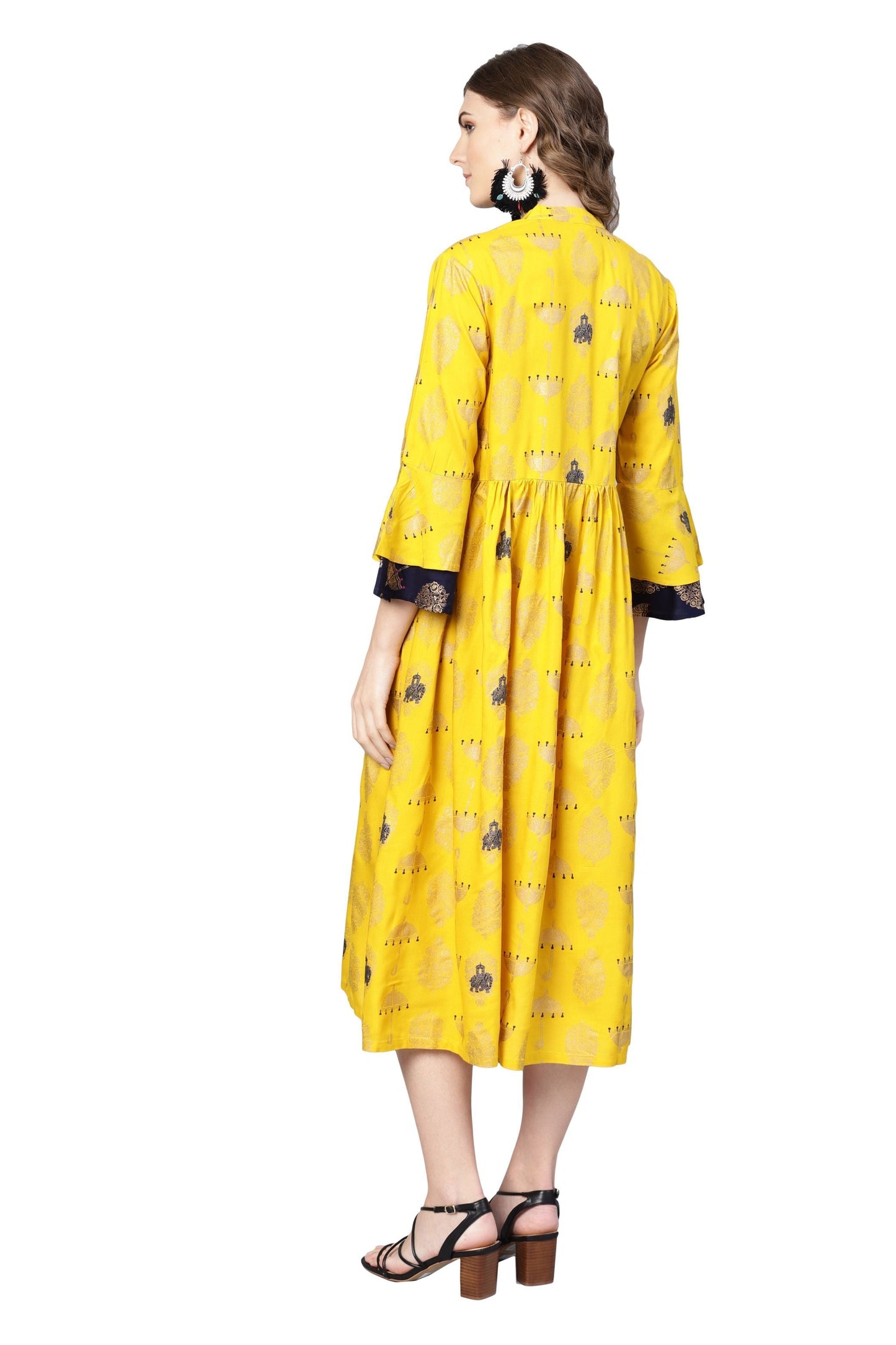 Women's Yellow Rayon Printed 3/4 Sleeve Round Neck Dress