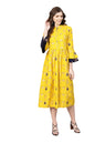 Women's Yellow Rayon Printed 3/4 Sleeve Round Neck Dress