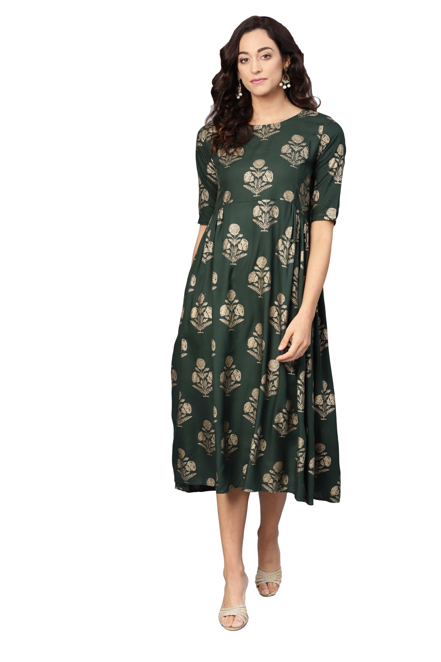 Women's Green Rayon Printed 3/4 Sleeve Round Neck Dress
