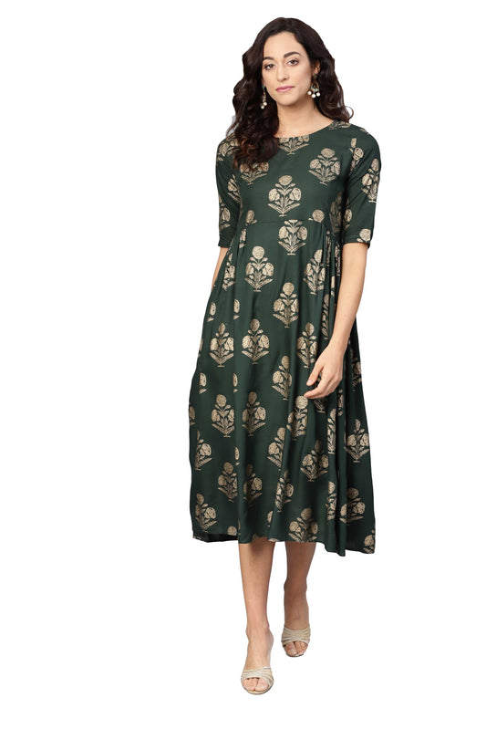 Women's Green Rayon Printed 3/4 Sleeve Round Neck Dress