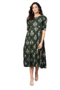 Women's Green Rayon Printed 3/4 Sleeve Round Neck Dress