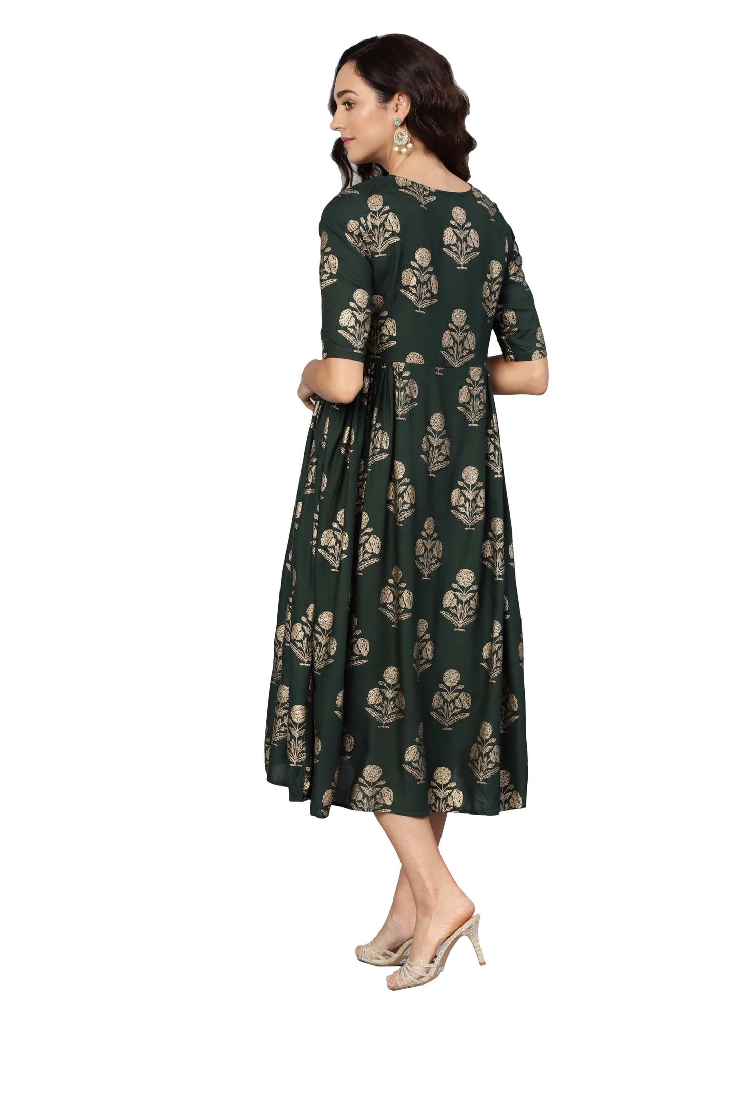 Women's Green Rayon Printed 3/4 Sleeve Round Neck Dress
