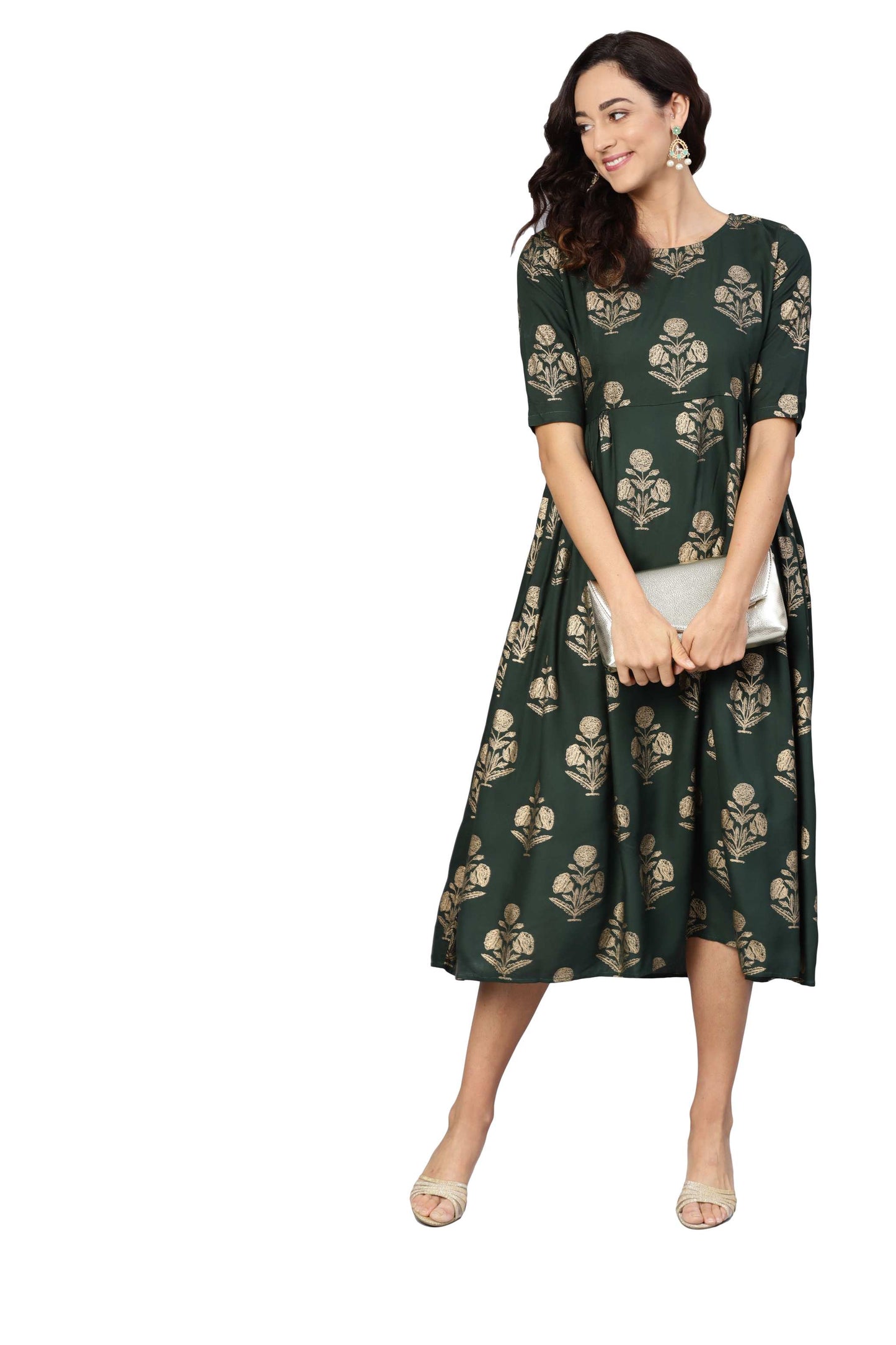 Women's Green Rayon Printed 3/4 Sleeve Round Neck Dress