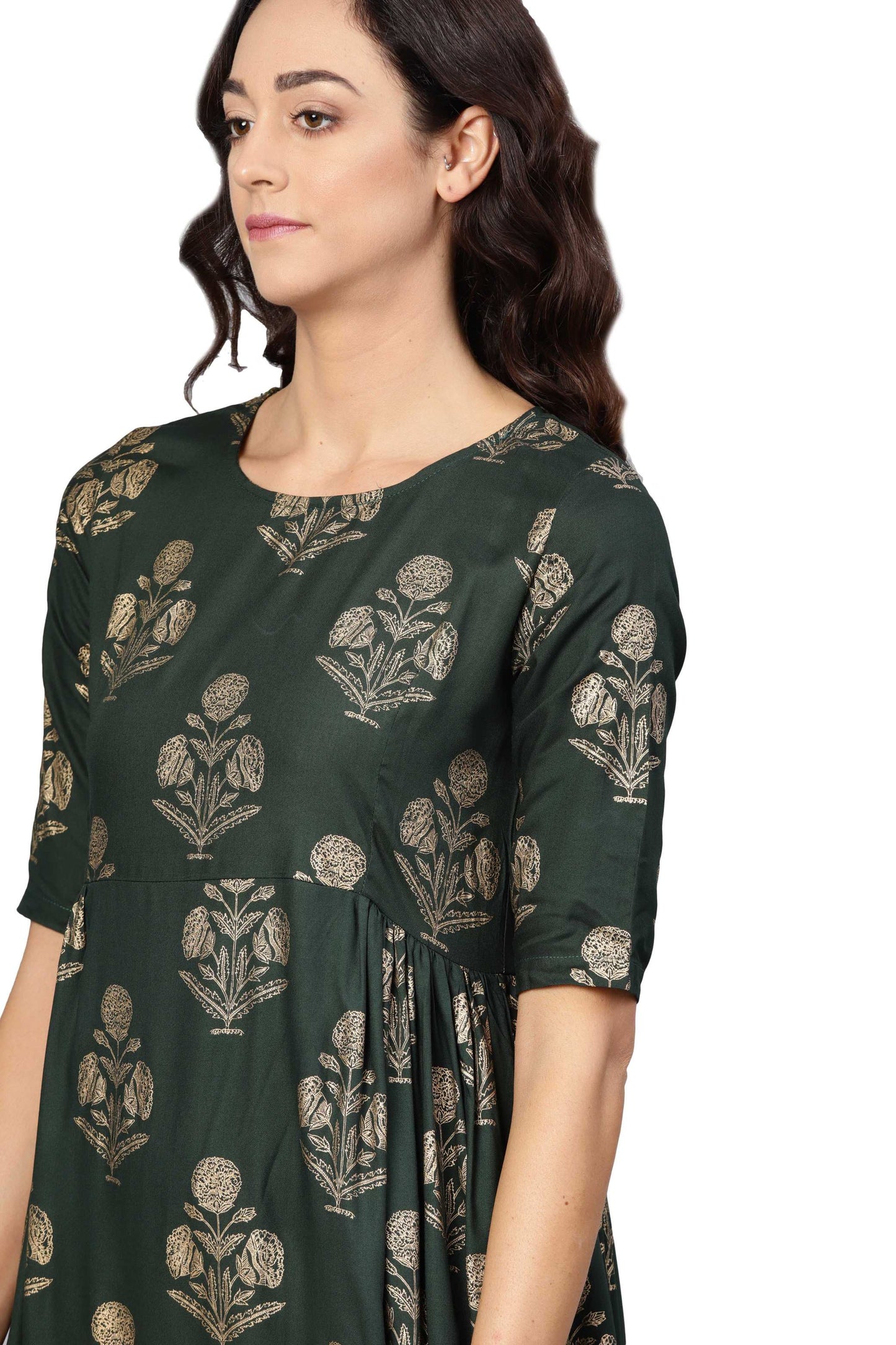 Women's Green Rayon Printed 3/4 Sleeve Round Neck Dress