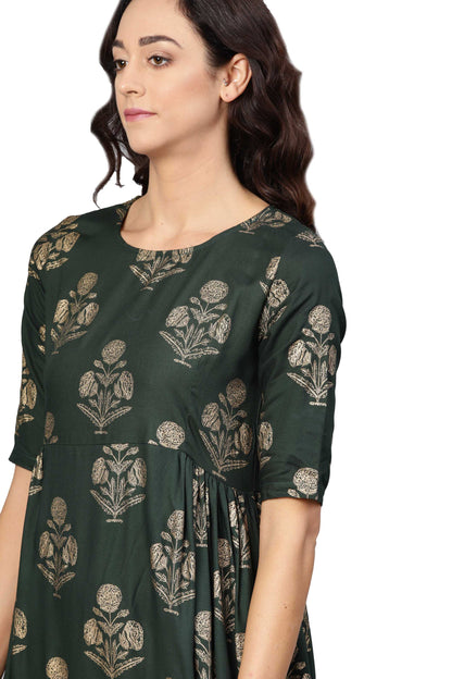 Women's Green Rayon Printed 3/4 Sleeve Round Neck Dress