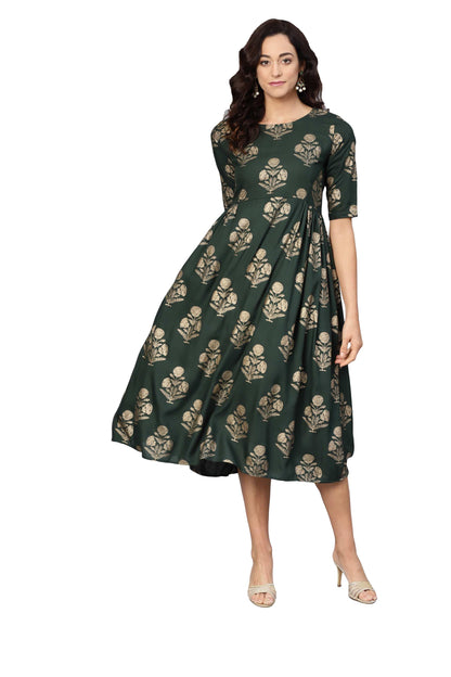 Women's Green Rayon Printed 3/4 Sleeve Round Neck Dress