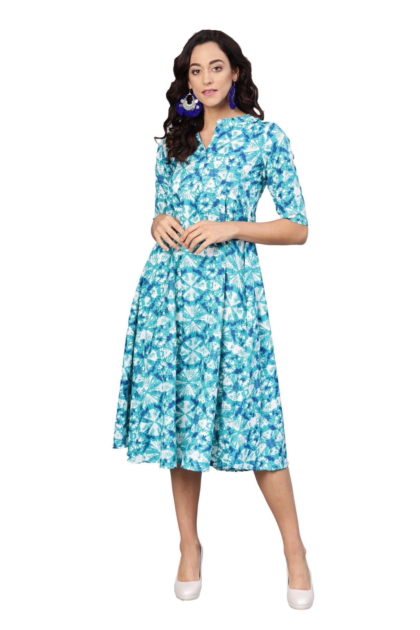 Women's Blue Crepe Printed Short Sleeve Collar Neck Dress