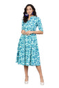 Women's Blue Crepe Printed Short Sleeve Collar Neck Dress