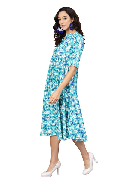 Women's Blue Crepe Printed Short Sleeve Collar Neck Dress