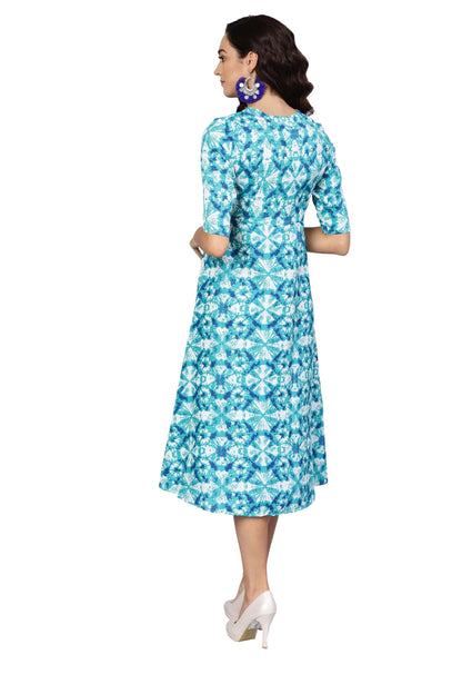Women's Blue Crepe Printed Short Sleeve Collar Neck Dress