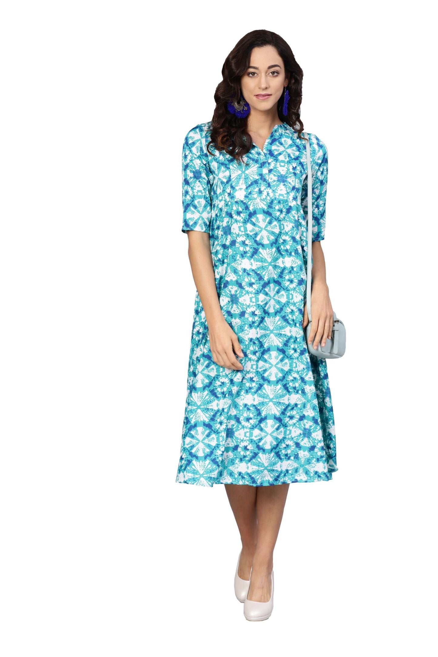 Women's Blue Crepe Printed Short Sleeve Collar Neck Dress