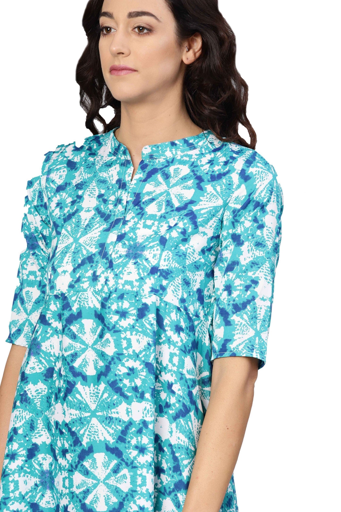 Women's Blue Crepe Printed Short Sleeve Collar Neck Dress