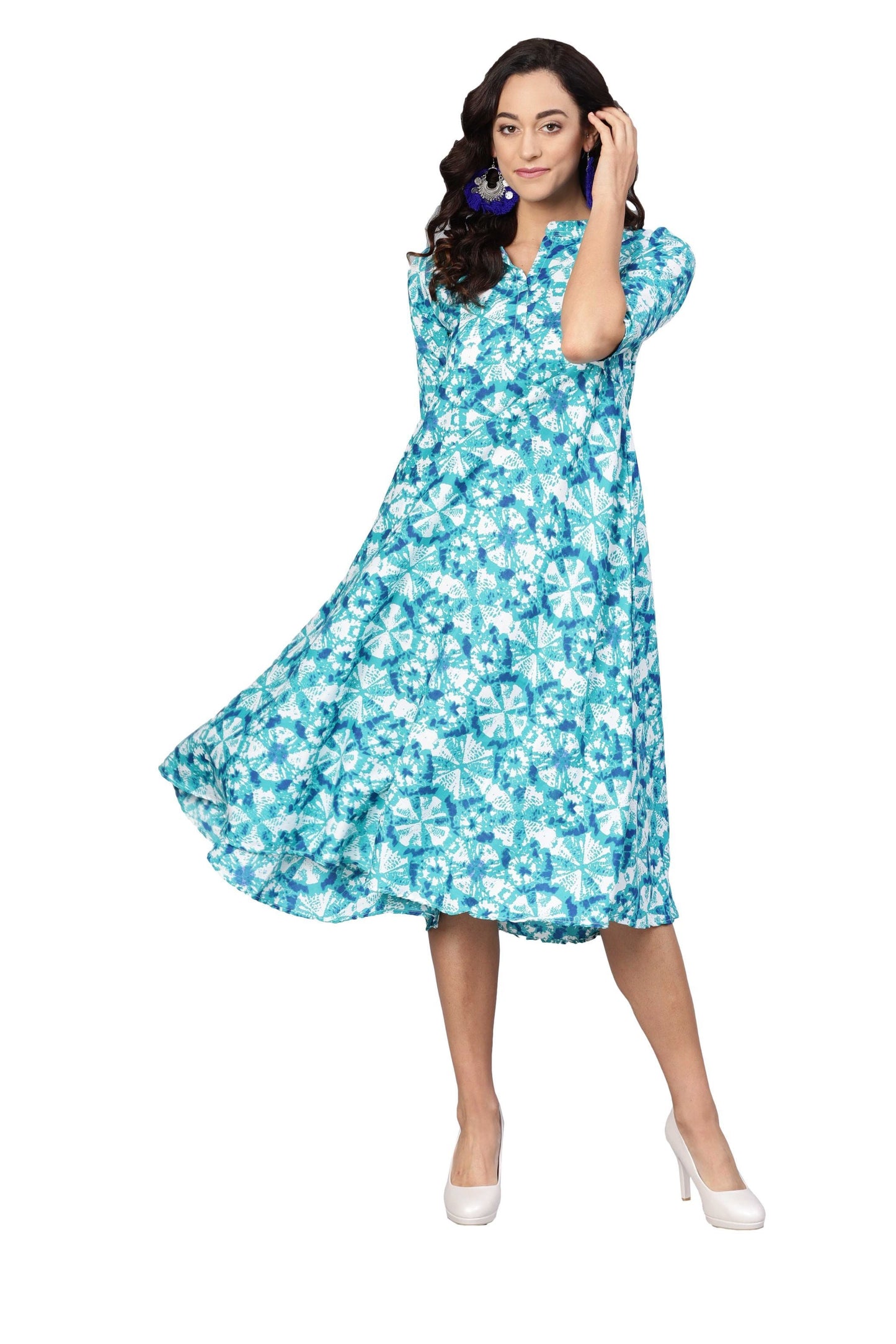 Women's Blue Crepe Printed Short Sleeve Collar Neck Dress