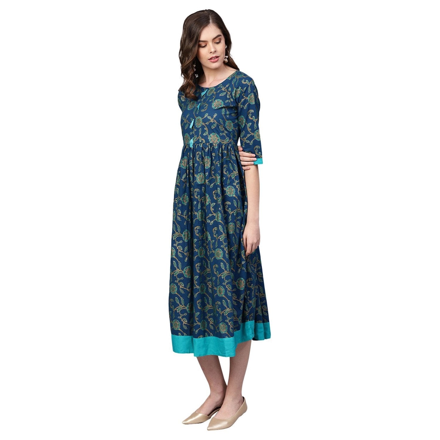 Women Blue Cotton Printed Dress by Myshka (