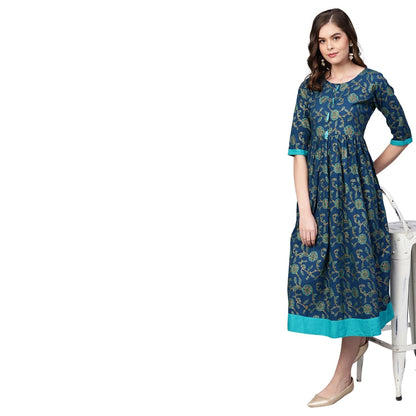 Women Blue Cotton Printed Dress by Myshka (