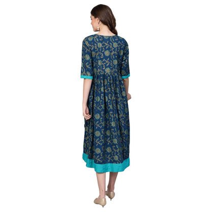 Women Blue Cotton Printed Dress by Myshka (