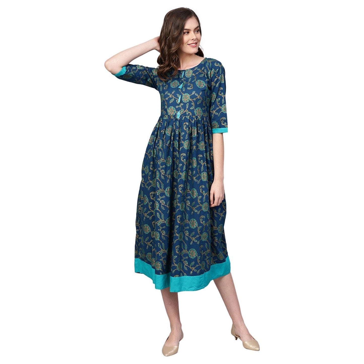 Women Blue Cotton Printed Dress by Myshka (