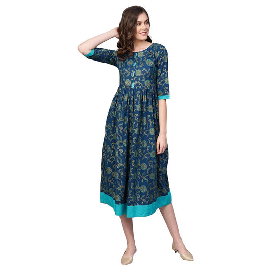 Women Blue Cotton Printed Dress by Myshka (
