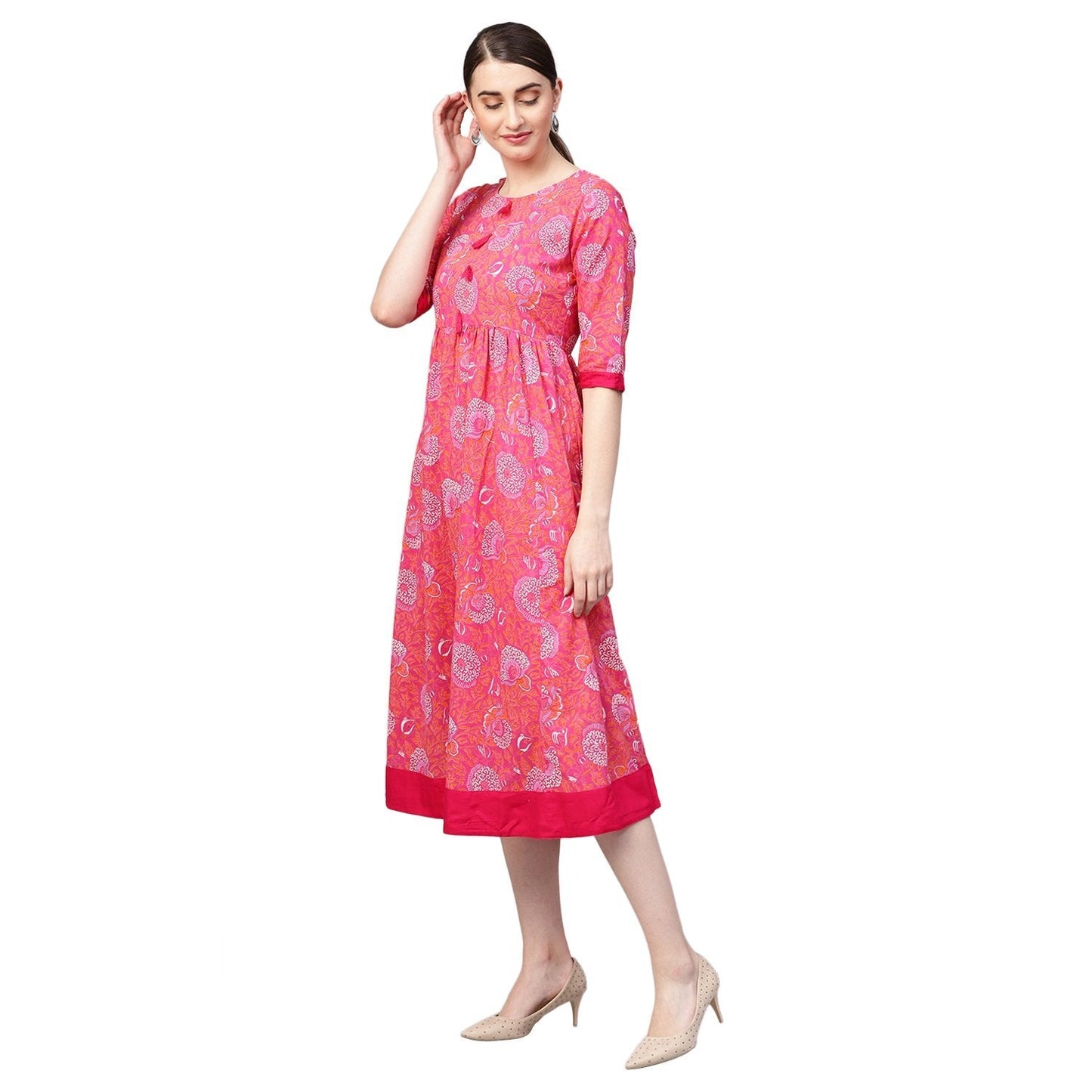 Women Pink Cotton Printed Dress by Myshka (