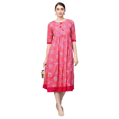 Women Pink Cotton Printed Dress by Myshka (