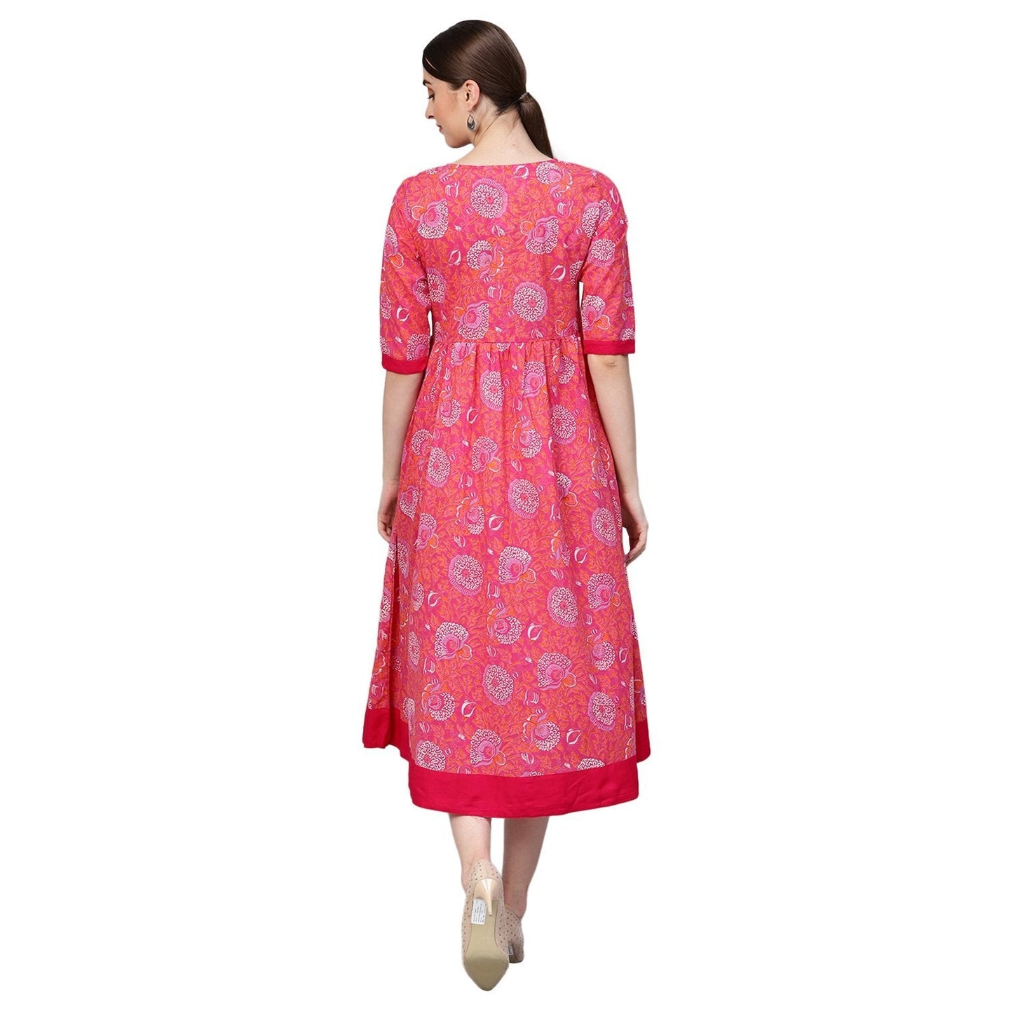 Women Pink Cotton Printed Dress by Myshka (
