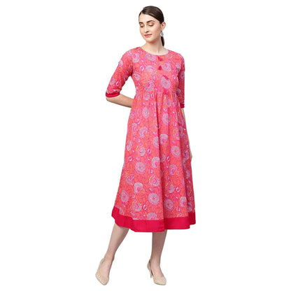 Women Pink Cotton Printed Dress by Myshka (