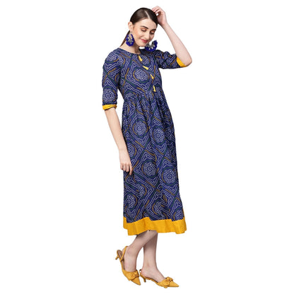 Women Navy Blue Cotton Printed Dress by Myshka (