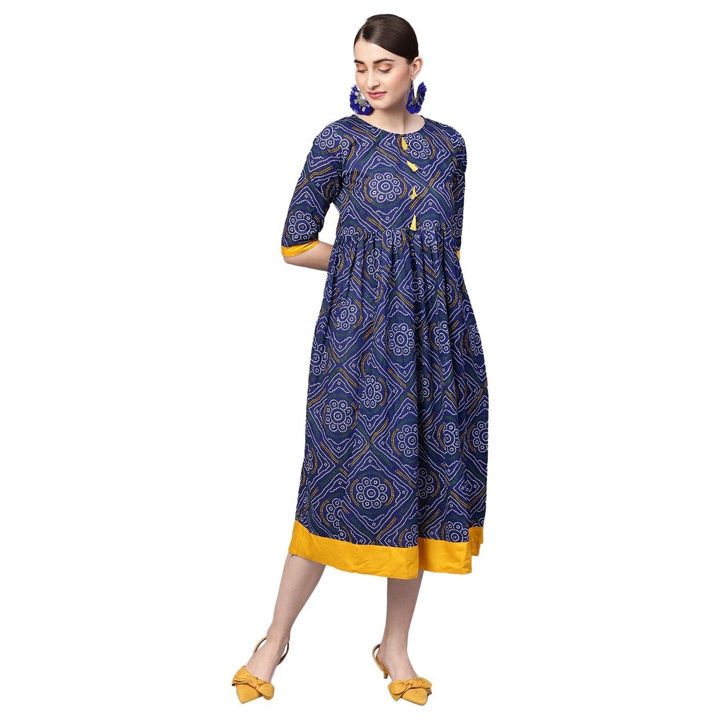 Women Navy Blue Cotton Printed Dress by Myshka (
