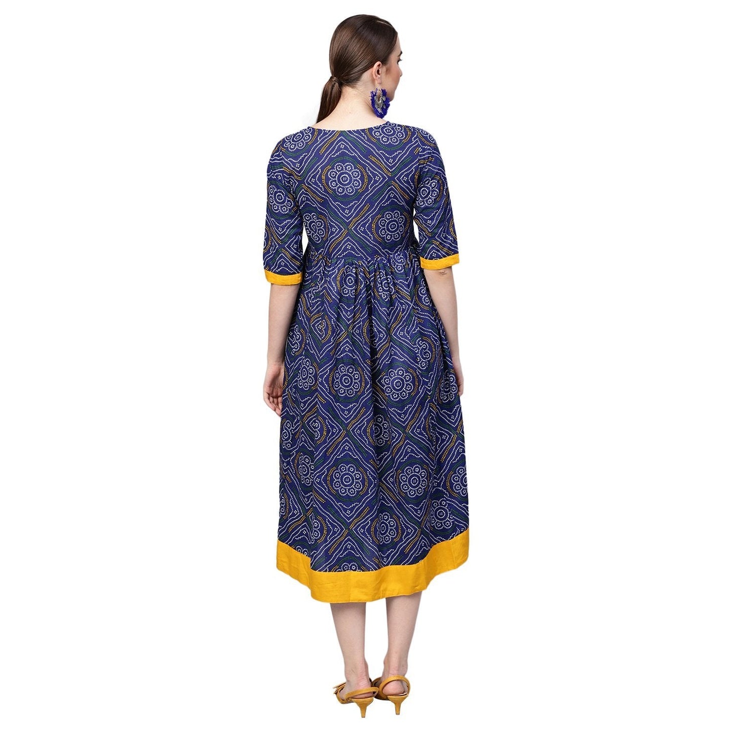 Women Navy Blue Cotton Printed Dress by Myshka (