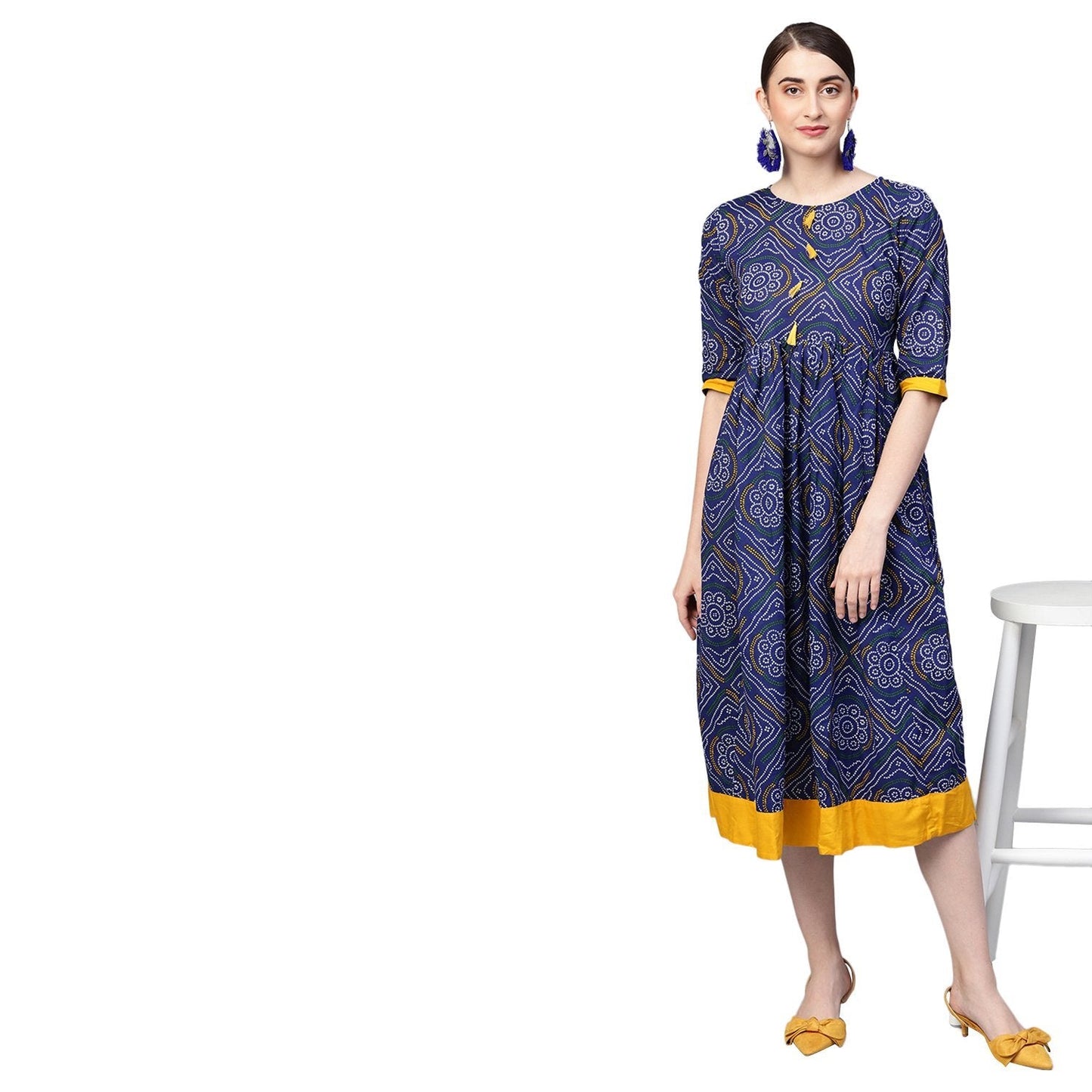 Women Navy Blue Cotton Printed Dress by Myshka (