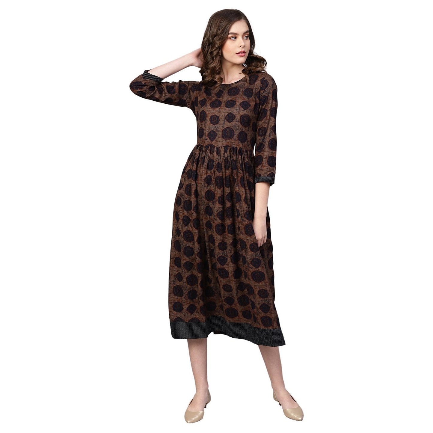Women's Brown Cotton Printed Half Sleeve Round Neck Dress