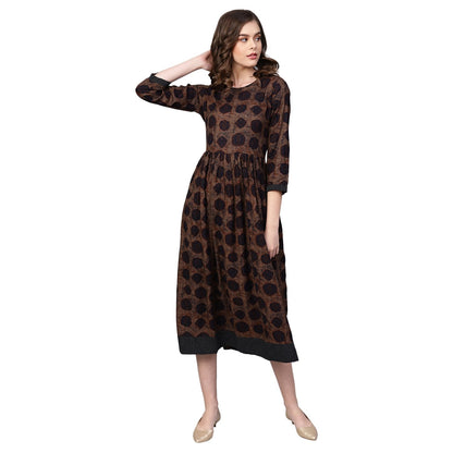 Women's Brown Cotton Printed Half Sleeve Round Neck Dress