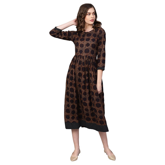 Women's Brown Cotton Printed Half Sleeve Round Neck Dress