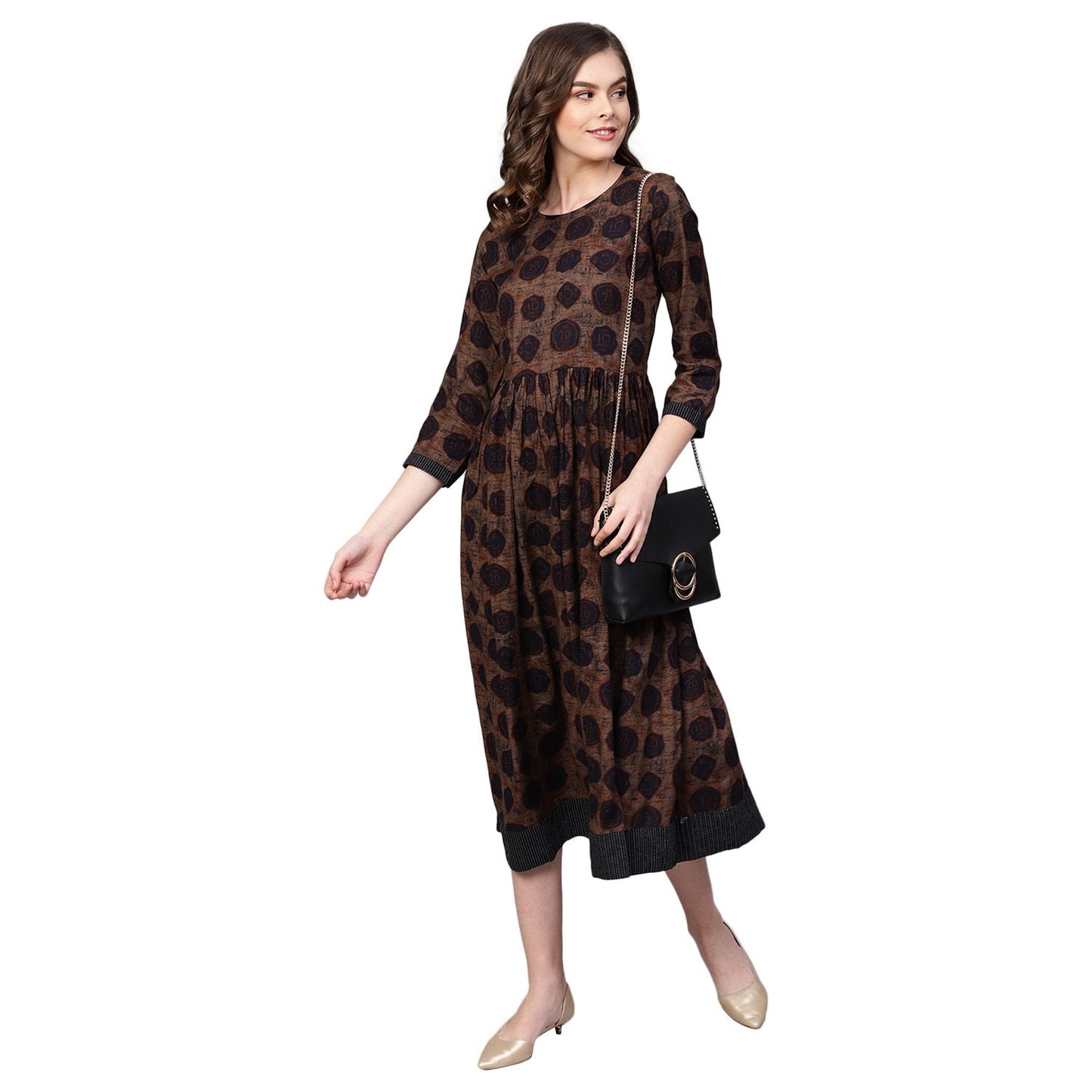 Women's Brown Cotton Printed Half Sleeve Round Neck Dress
