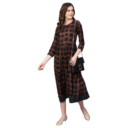 Women's Brown Cotton Printed Half Sleeve Round Neck Dress