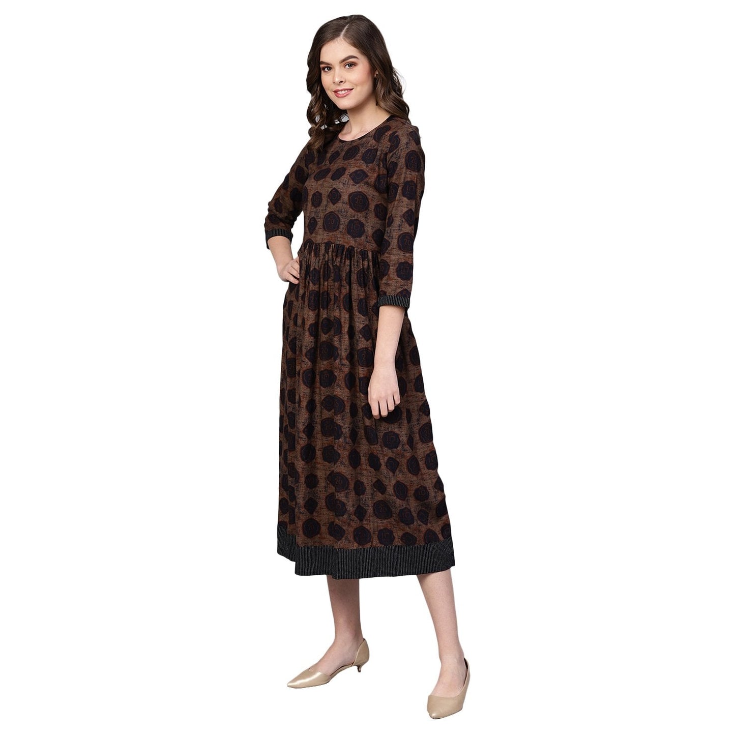 Women's Brown Cotton Printed Half Sleeve Round Neck Dress
