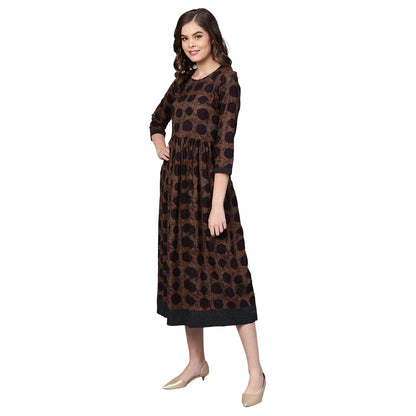 Women's Brown Cotton Printed Half Sleeve Round Neck Dress