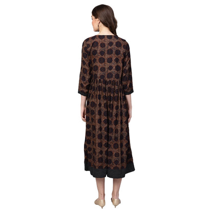 Women's Brown Cotton Printed Half Sleeve Round Neck Dress