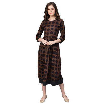 Women's Brown Cotton Printed Half Sleeve Round Neck Dress