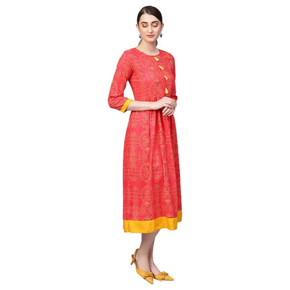 Women's Orange Cotton Printed Half Sleeve Round Neck Dress
