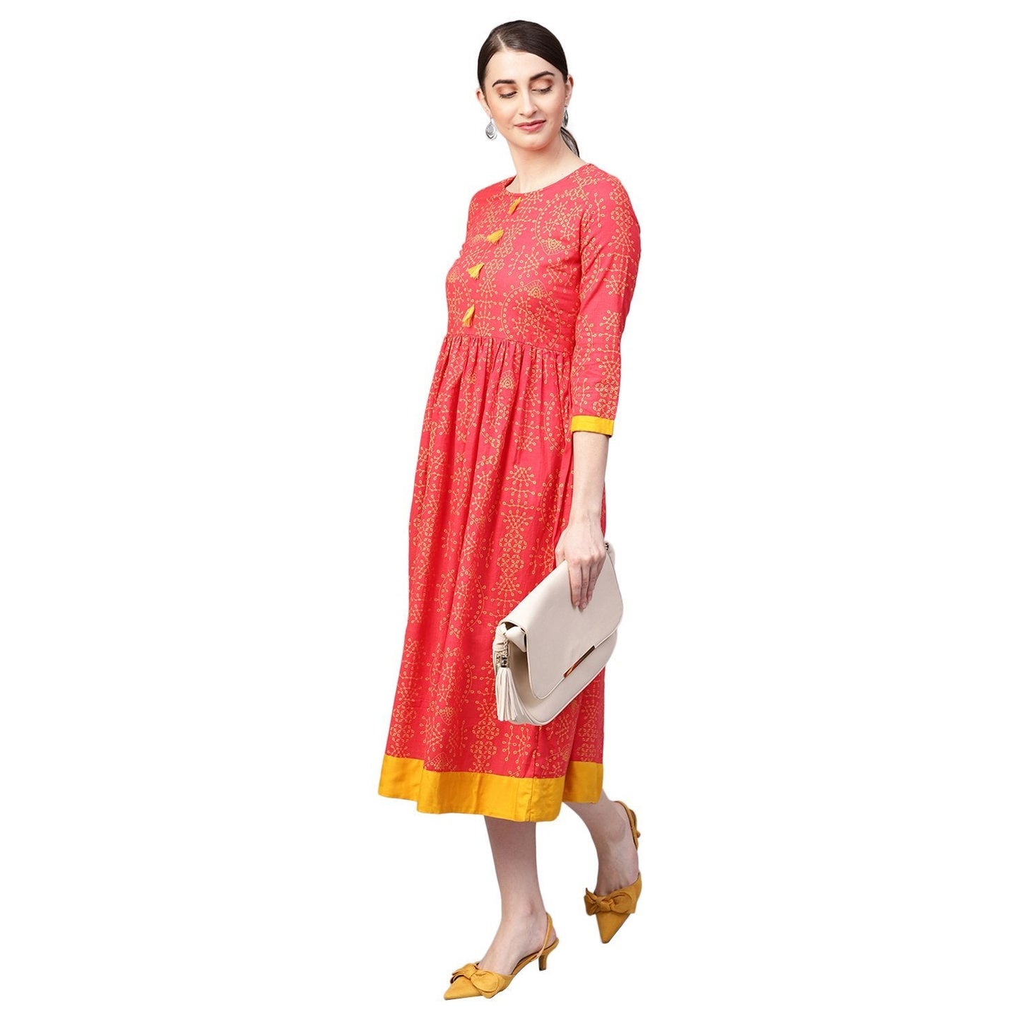Women's Orange Cotton Printed Half Sleeve Round Neck Dress