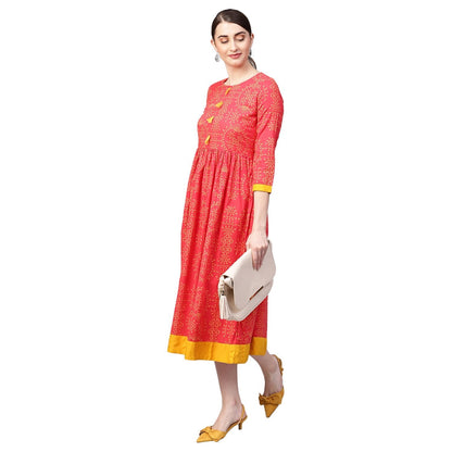 Women's Orange Cotton Printed Half Sleeve Round Neck Dress