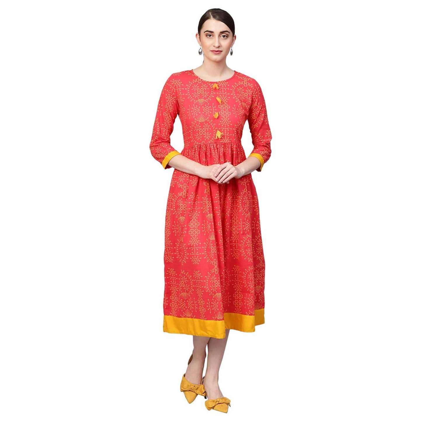 Women's Orange Cotton Printed Half Sleeve Round Neck Dress