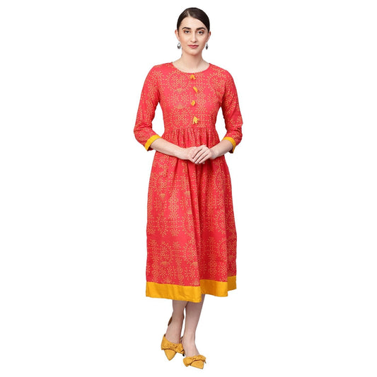 Women's Orange Cotton Printed Half Sleeve Round Neck Dress