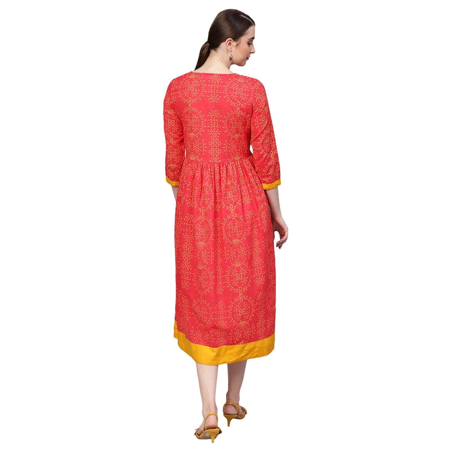 Women's Orange Cotton Printed Half Sleeve Round Neck Dress